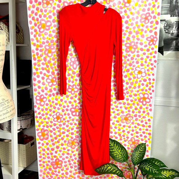 Marciano midi Dress RED HOT ruched bodycon long sleeve sz. S cutout stretch - Picture 4 of 9